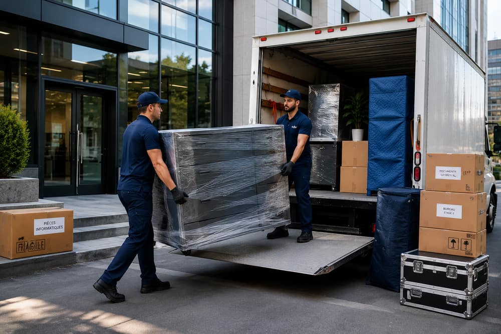 Équipe de déménageurs chargeant un meuble emballé dans un camion