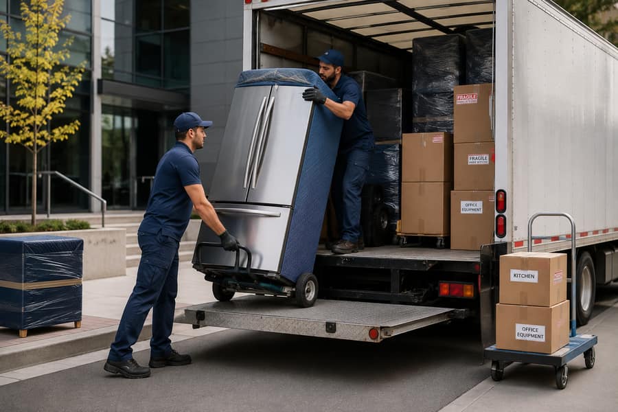 Déménageurs chargeant un réfrigérateur dans un camion