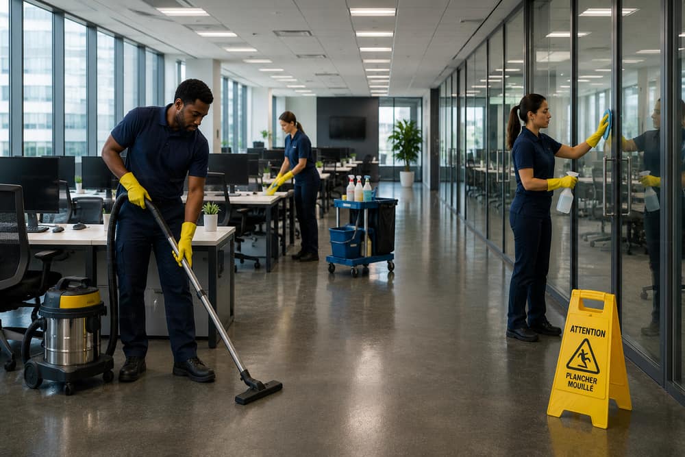 Équipe d'entretien professionnelle nettoyant un bureau lumineux